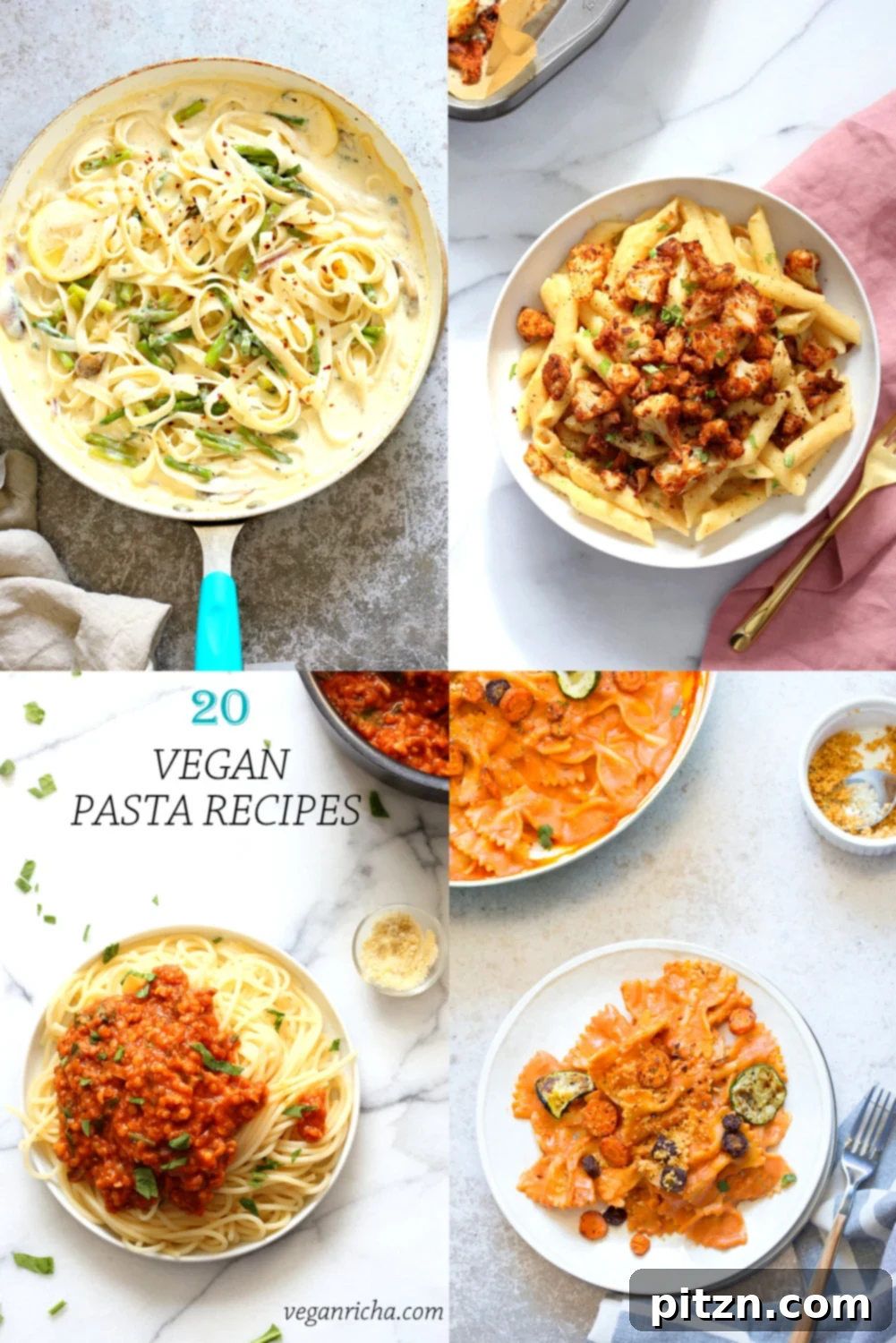 20 Must-Try Vegan Pasta Recipes 2 A vibrant display of various vegan pasta dishes, including creamy sun-dried tomato pasta, avocado pasta, and fettuccine alfredo, showcasing diverse textures and colors. This collection highlights 20 unique plant-based pasta recipes suitable for various dietary needs, including gluten-free, soy-free, and nut-free options.