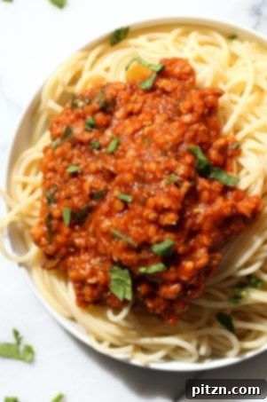 This Lentil Bolognese Sauce is hearty with Red lentils and Mushrooms and great with Spaghetti or other pasta. Vegan, soy-free, nut-free recipe, and can be gluten-free with gluten-free pasta.