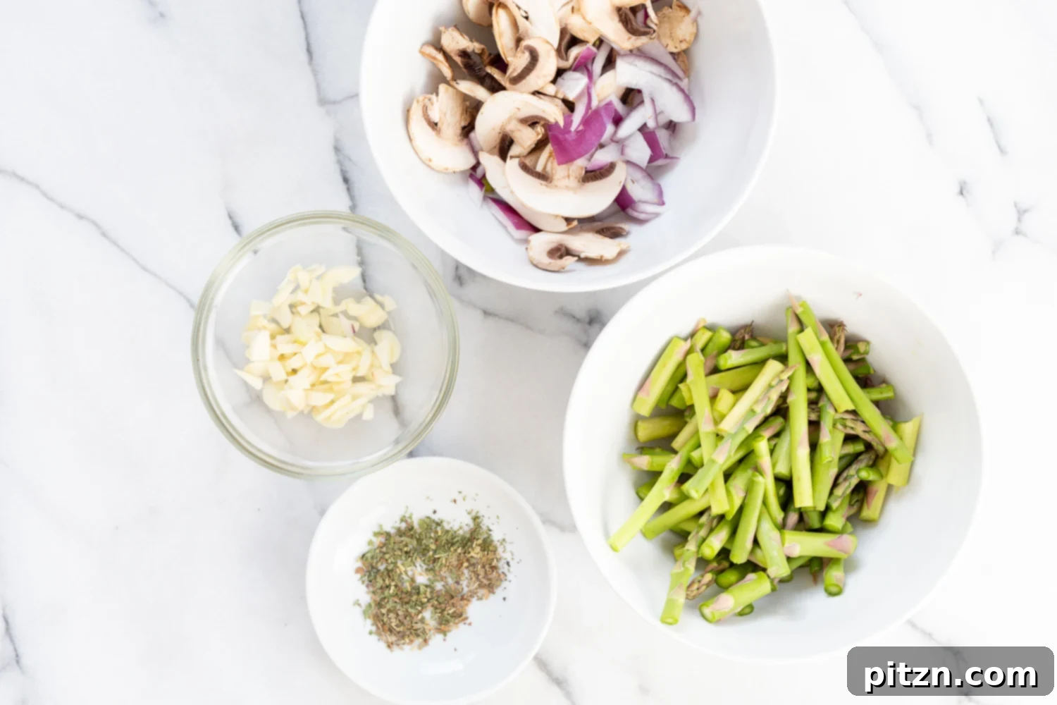 30 Minute Vegan Lemon Asparagus Pasta 6 Ingredients in bowls for our Vegan Lemon Asparagus Pasta