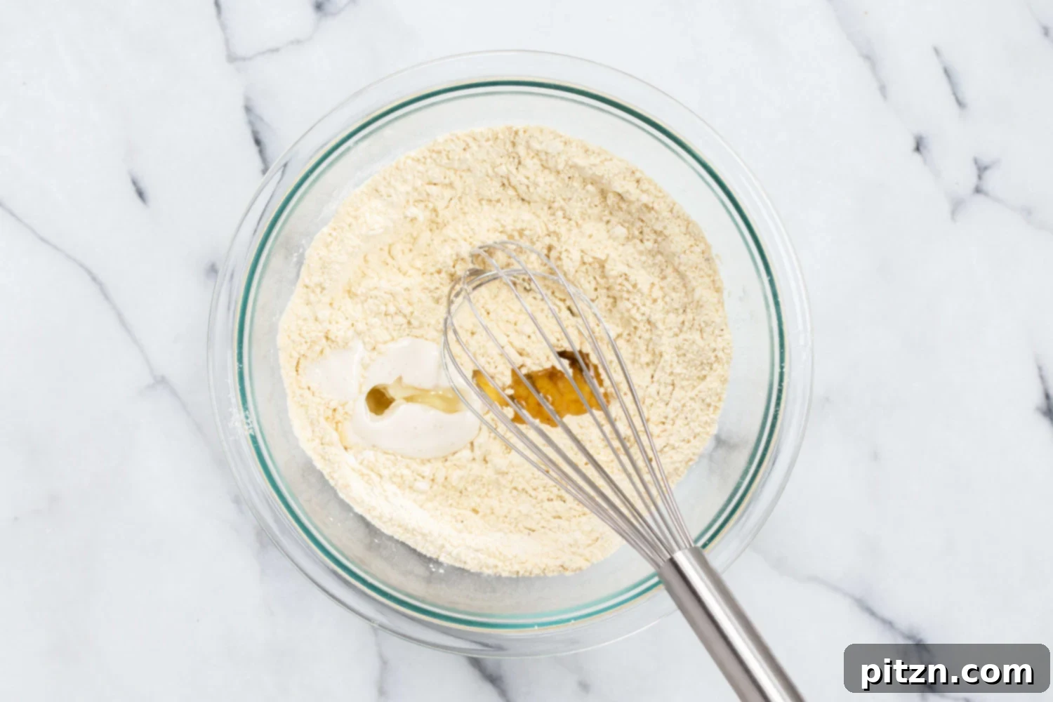 Dry ingredients for Vegan Gluten Free Naan in a bowl, perfectly mixed before wet ingredients are added