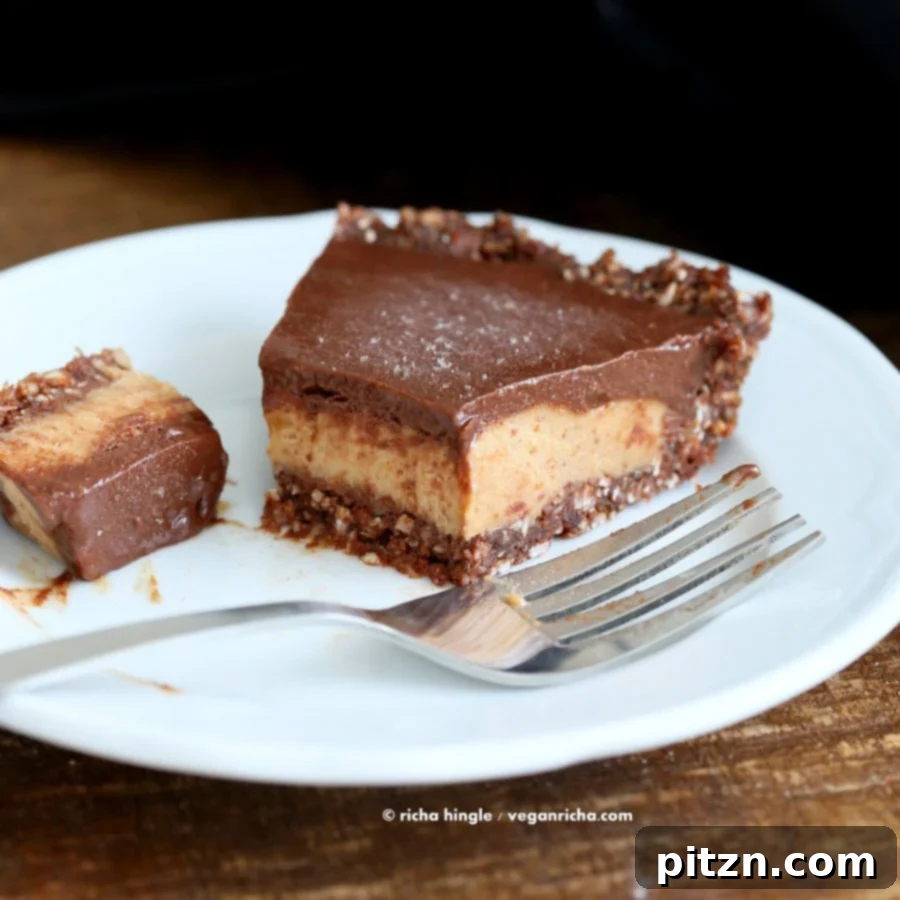 Vegan Salted Caramel Pie - layers of Salted Date Caramel, Chocolate Ganache and Almond Chocolate Crust. No Bake Gluten-free palm oil free | VeganRicha.com