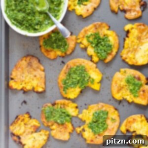 Crispy Vegan Smashed Potatoes with Chimichurri. These Smashed potatoes are baked to a crisp and served with fresh homemade parsley chimichurri.