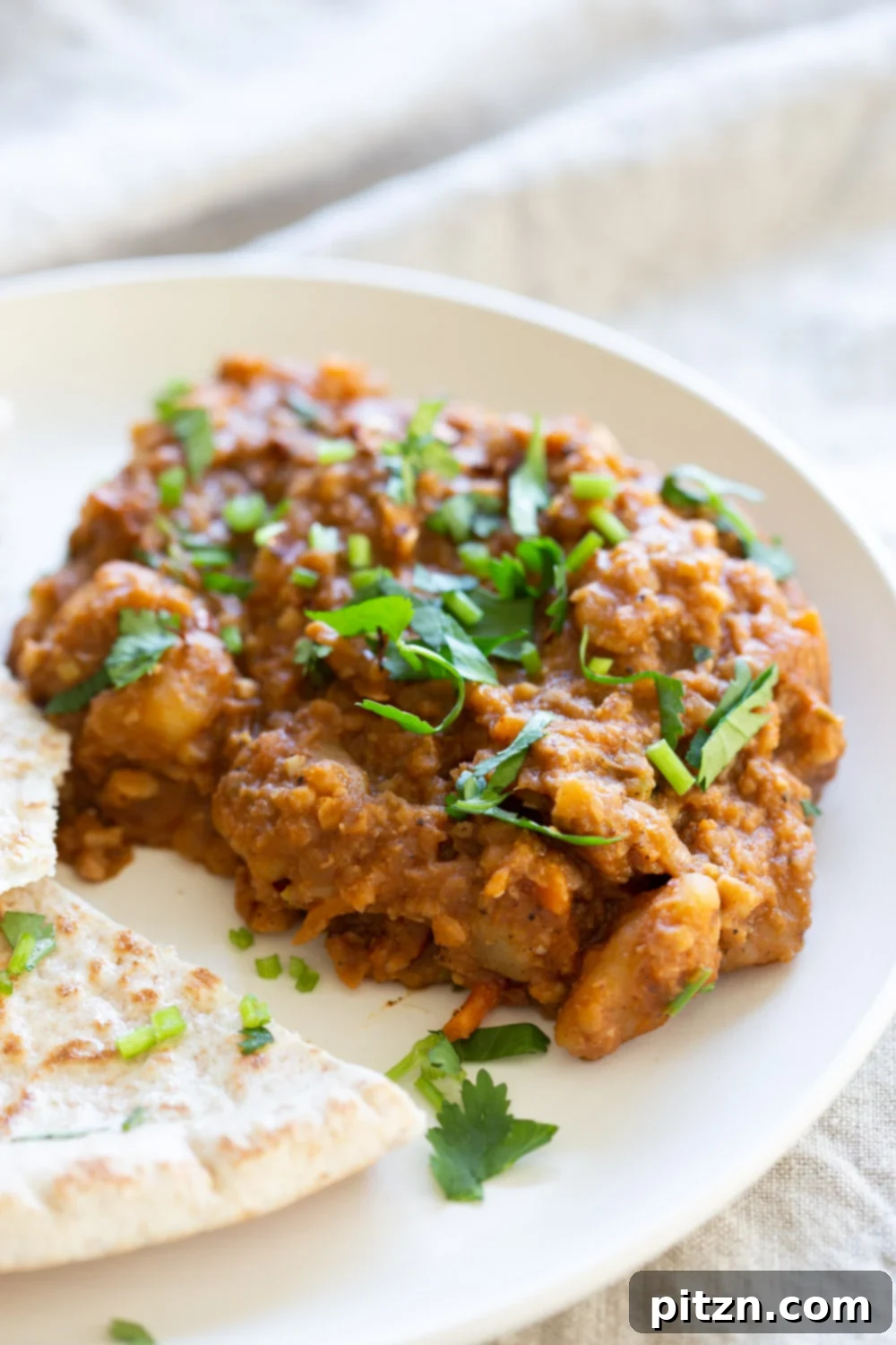 A beautifully presented serving of Vegan Keema Madras on a pristine white plate, garnished with fresh herbs.