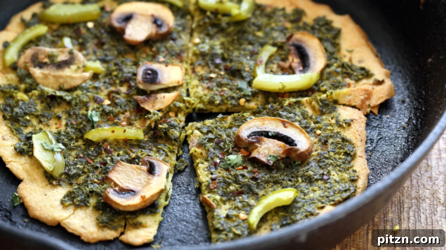 Vegan Socca Pizza with pesto and mushrooms