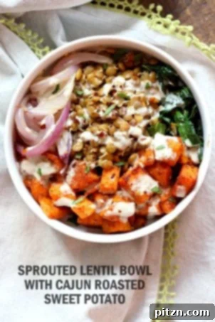Spiced Sprouted Lentils, Cajun Roasted Sweet Potato Bowl with Veggies, Greens and Tahini Garlic Dressing. A healthful and delicious vegan, gluten-free, soy-free recipe, also nut-free.