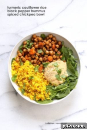 26 Vibrant Vegan Bowl Recipes 14 Turmeric Cauliflower Rice, Spiced Chickpeas or lentils, Black pepper hummus and Greens bowl. An amazing flavor explosion ready within 25 minutes. Vegan, Gluten-free, Soy-free recipe.