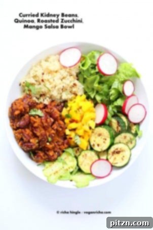 Curried Kidney Beans, Quinoa, Roasted Zucchini, Mango Salsa Bowl. A fusion of Indian and Thai flavors in a bowl. Vegan Richa recipe.