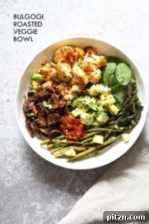 Bulgogi Roasted Spring Veggie Bowl. A colorful bowl with spicy, sweet Korean Gochugaru blend roasted cauliflower, mushrooms, and asparagus. Vegan, Gluten-free, Nut-free recipe.