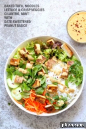 Crunchy Veggie Vegan Summer Rolls Deconstructed into a Bowl. Served with a delicious Peanut Butter Dipping Sauce. A fresh take on spring rolls or rice paper rolls, made into an easy-to-eat bowl. Vegan, Gluten-free recipe, with sunbutter option for nut-free.