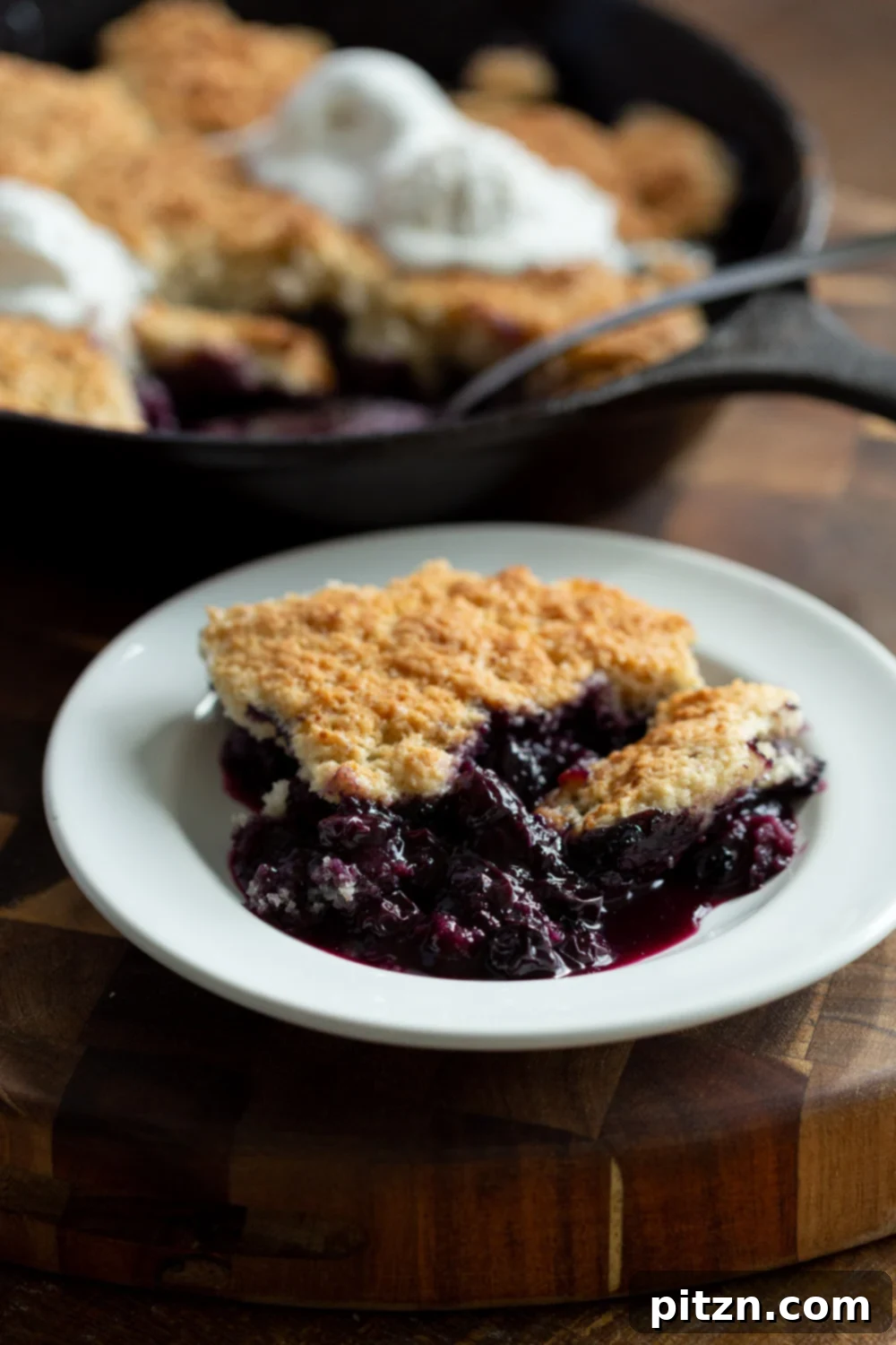 A slice of Vegan Blueberry Cobbler served on a white plate, topped with whipped cream, showing the rich fruit filling and golden biscuit.