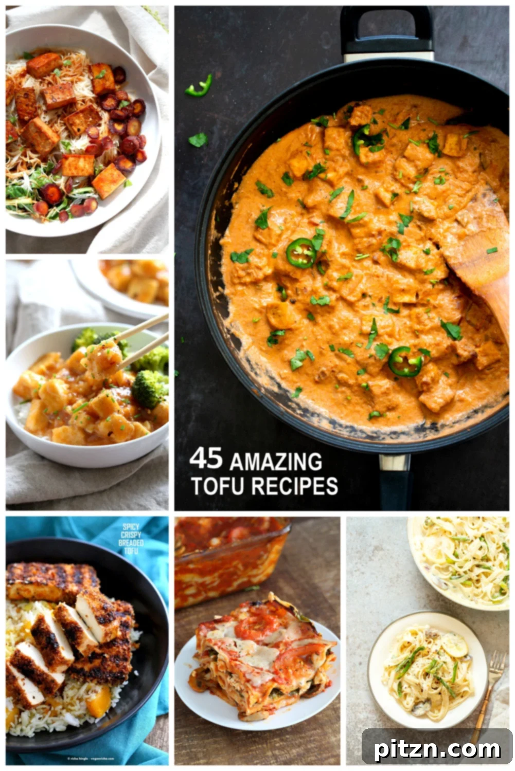 Tofu Transformed: Stir-fries, Marinades, Curries, Sandwiches, and Beyond 2 A vibrant collage showcasing diverse tofu dishes including stir-fries, marinated baked tofu, curries, pasta, crispy breaded tofu, and sandwiches. Highlights that these are the 45 best tofu recipes to try, emphasizing no bland tofu, gluten-free options, and delicious vegan meals. #vegan #tofu #veganricha