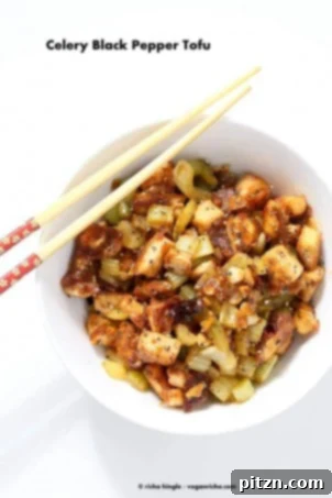 Tofu Transformed: Stir-fries, Marinades, Curries, Sandwiches, and Beyond 6 Celery Black Pepper Tofu | Vegan Richa #glutenfree #veganricha #vegan, a savory and peppery tofu dish with celery.