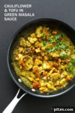Spiced Cauliflower and Tofu in Green Masala Sauce. Baked cauliflower and tofu coated in a vibrant green cilantro sauce. The sauce paste can be made ahead. Vegan, gluten-free, nut-free recipe. Soy-free option with chickpea tofu or other veggies. | VeganRicha.com