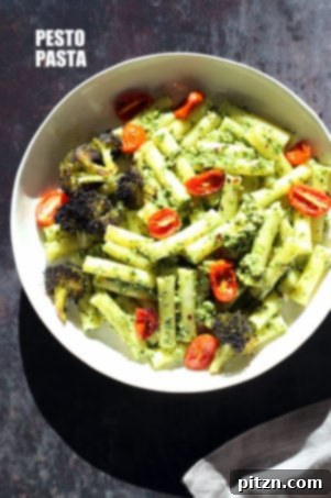 Vegan Pesto Pasta with Charred Broccoli. Easy Vegan Pesto with Ziti, served with roasted cherry tomatoes and broccoli. #Vegan #Soyfree #Recipe #VeganRicha. Can be #glutenfree and #nutfree | VeganRicha.com