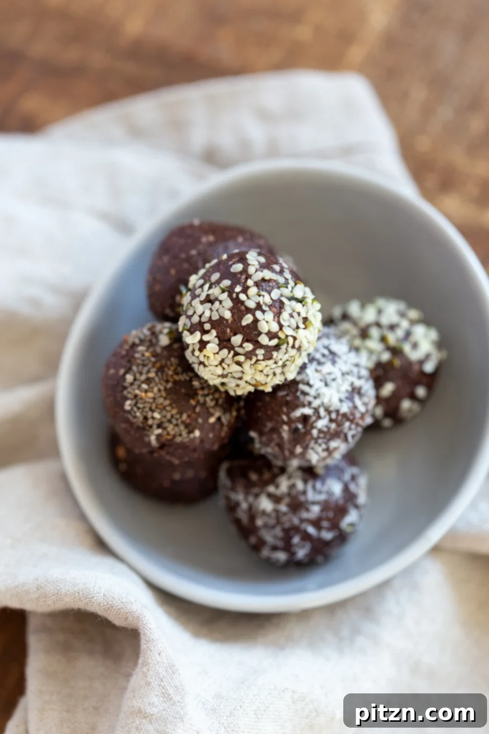 Fudgy Raw Vegan Grain-Free Brownie Bites 8 Raw Vegan Brownie Bites presented in a minimalist grey bowl, emphasizing their natural appeal and wholesome ingredients.