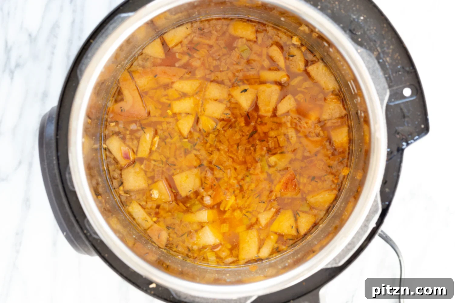 Velvety Vegan Instant Pot Pumpkin Soup 6 The finished Creamy Vegan Pumpkin Apple Soup, blended to a smooth perfection in the Instant Pot, ready for serving