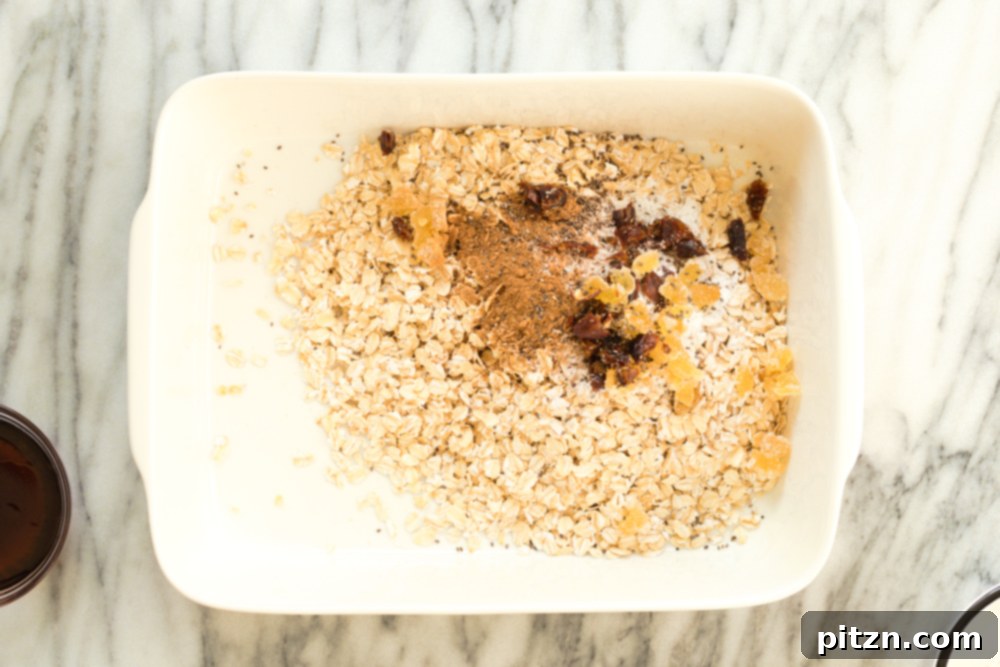 Oil-Free Vegan Gingerbread Oatmeal Delight 4 Dry ingredients for Vegan Gingerbread Baked Oatmeal in a white baking dish