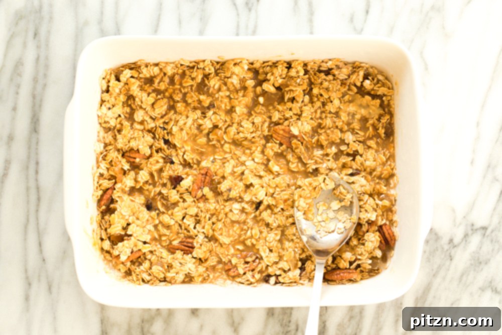 Oil-Free Vegan Gingerbread Oatmeal Delight 6 Mixture for Vegan Gingerbread Baked Oatmeal in a white baking dish