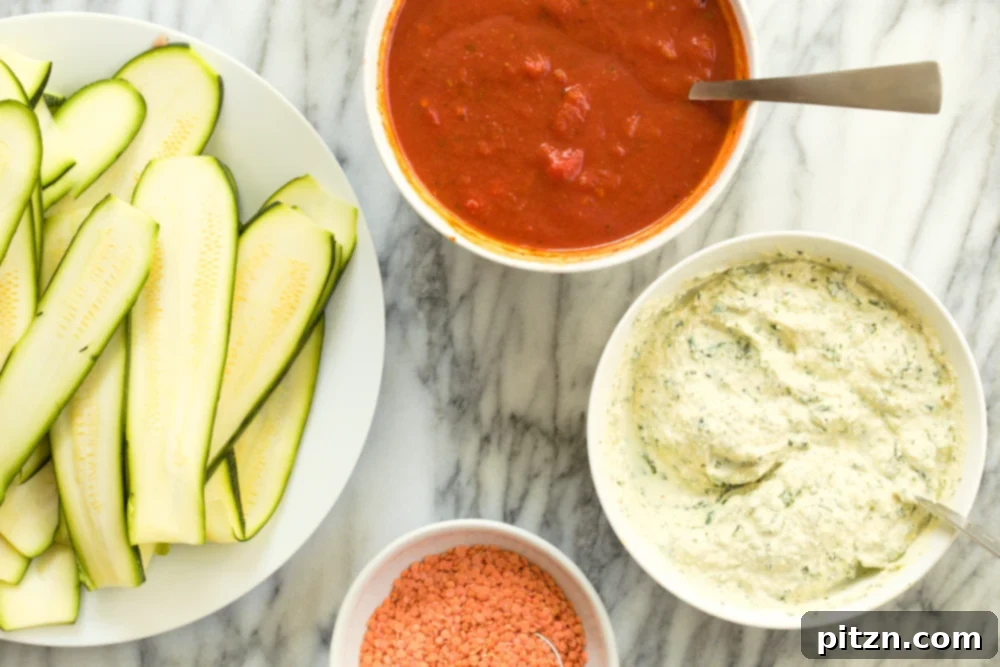 Creamy Vegan Gluten-Free Zucchini Lasagna with Tofu Ricotta 5 Ingredients for Our Vegan Gluten free Zucchini Lasagna in bowls