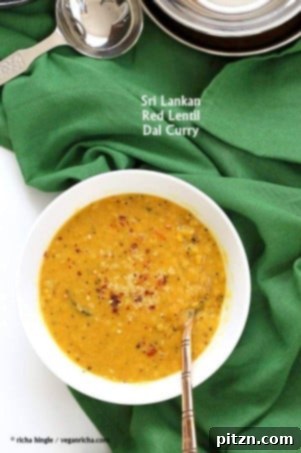 Sri Lankan Red Lentil Curry. Creamy Dal curry Spiced with fenugreek seeds, cinnamon, black peppercorns | https://VeganRicha.com #vegan #easy #glutenfree #soyfree #lentils #dal #recipe #veganricha