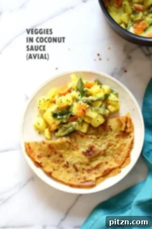 Avial - South Indian Veggie Coconut Curry. Seasonal Vegetables in easy spiced coconut sauce. Serve over rice, flatbread or dosa crepes. #Vegan #Indian #Glutenfree #Soyfree #Recipe #VEGANRICHA