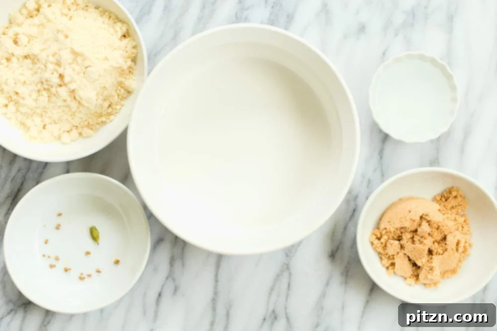 All the dry and wet ingredients for our Vegan Almond Halwa Instant Pot Badam Halwa, neatly arranged in bowls.