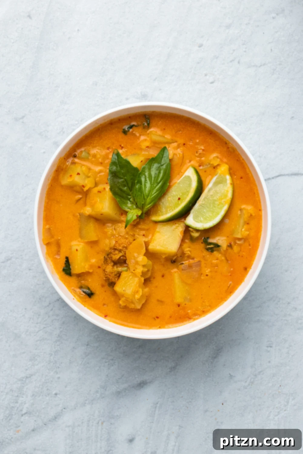 sweet potato curry overhead shot of a creamy vegan red lentil sweet potato curry