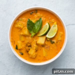 Golden Vegan Sweet Potato Red Lentil Curry 2 overhead shot of a creamy vegan red lentil sweet potato curry