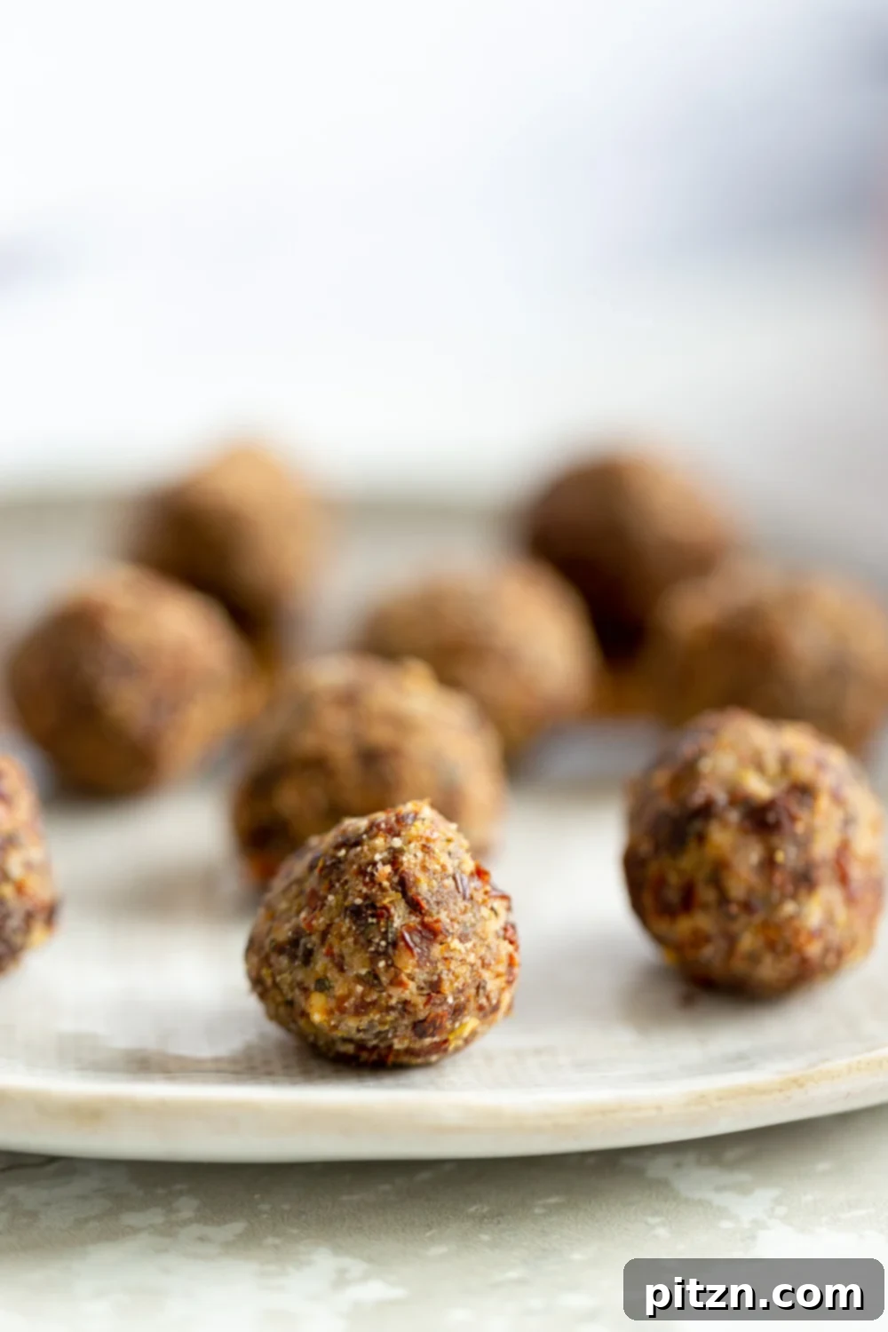 Delicious gluten-free vegan pizza snack bites artfully arranged on a pristine white plate, ready to be enjoyed as a healthy, low-carb treat. Crafted from almond flour and sun-dried tomatoes, these savory vegan pizza balls are perfect for any occasion.