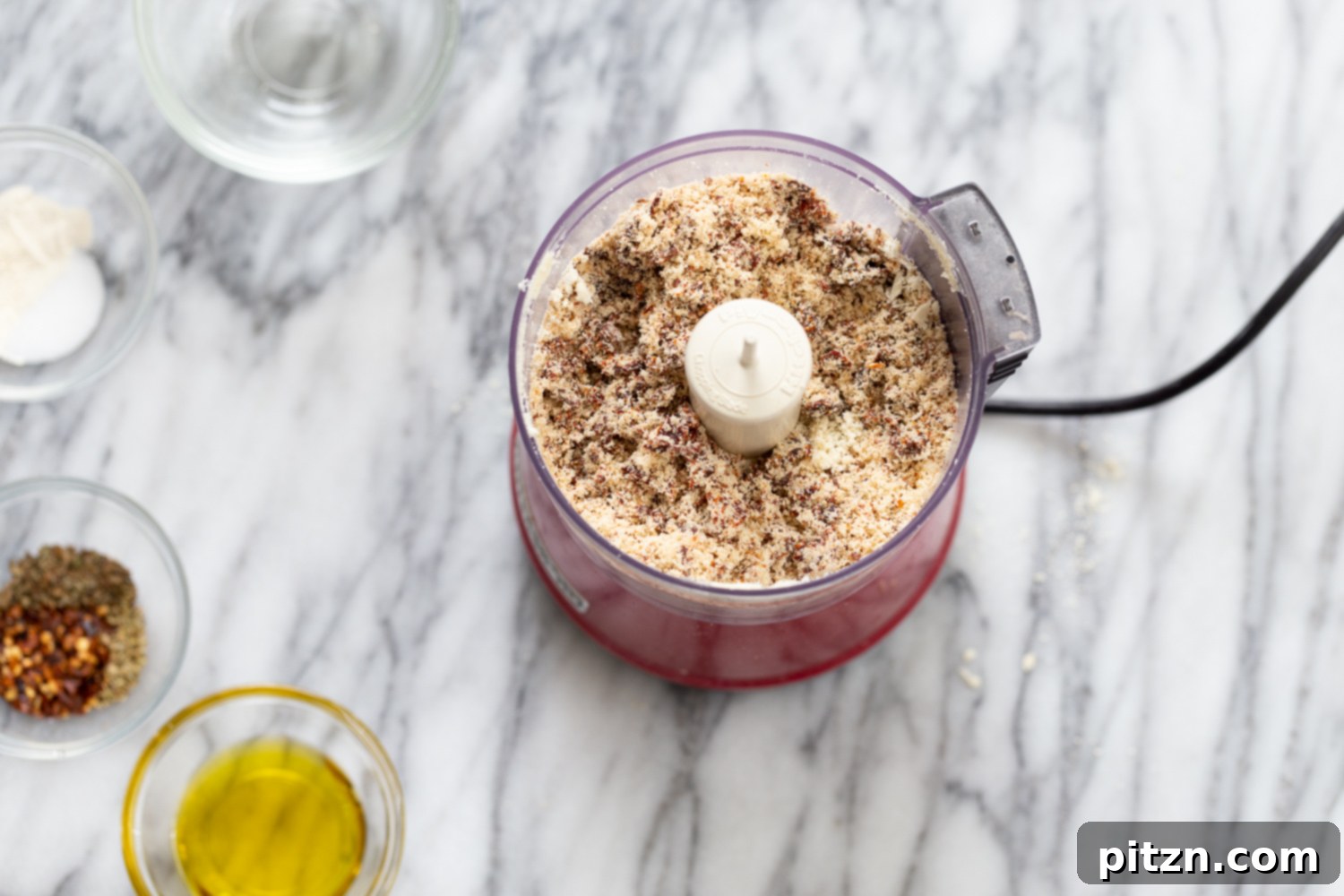 A food processor bowl filled with processed sun-dried tomatoes and almond flour, showing the ideal coarse meal consistency for healthy vegan pizza bites. This image captures the texture achieved before adding further ingredients.