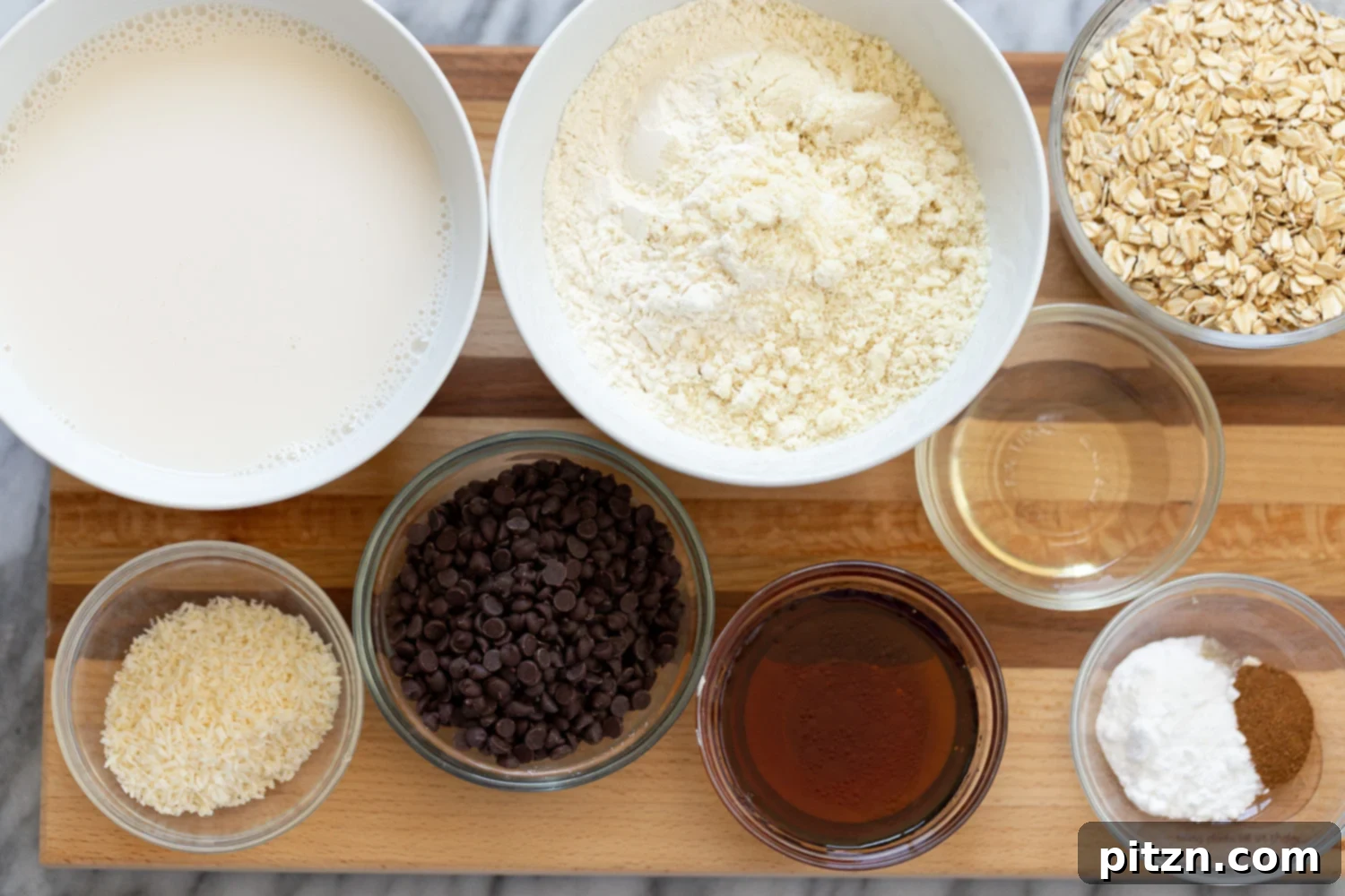overhead shot of ingredients needed for making vegan chocolate chip waffles