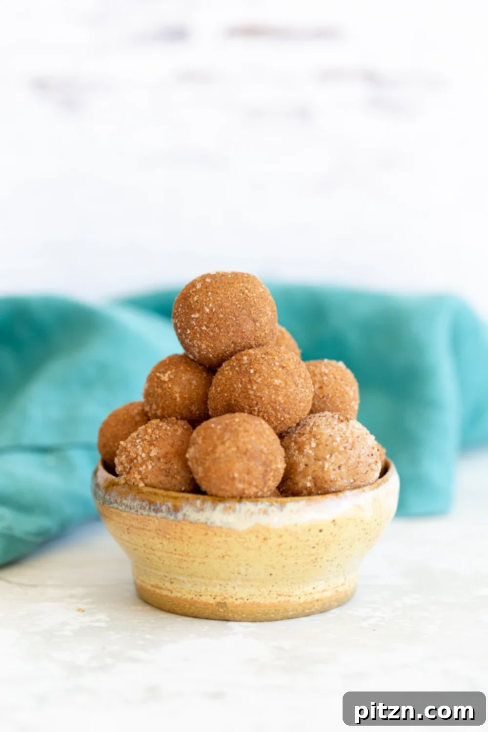 Snickerdoodle bites A small bowl with healthy Vegan Snickerdoodle Bites with a blue kitchen towel
