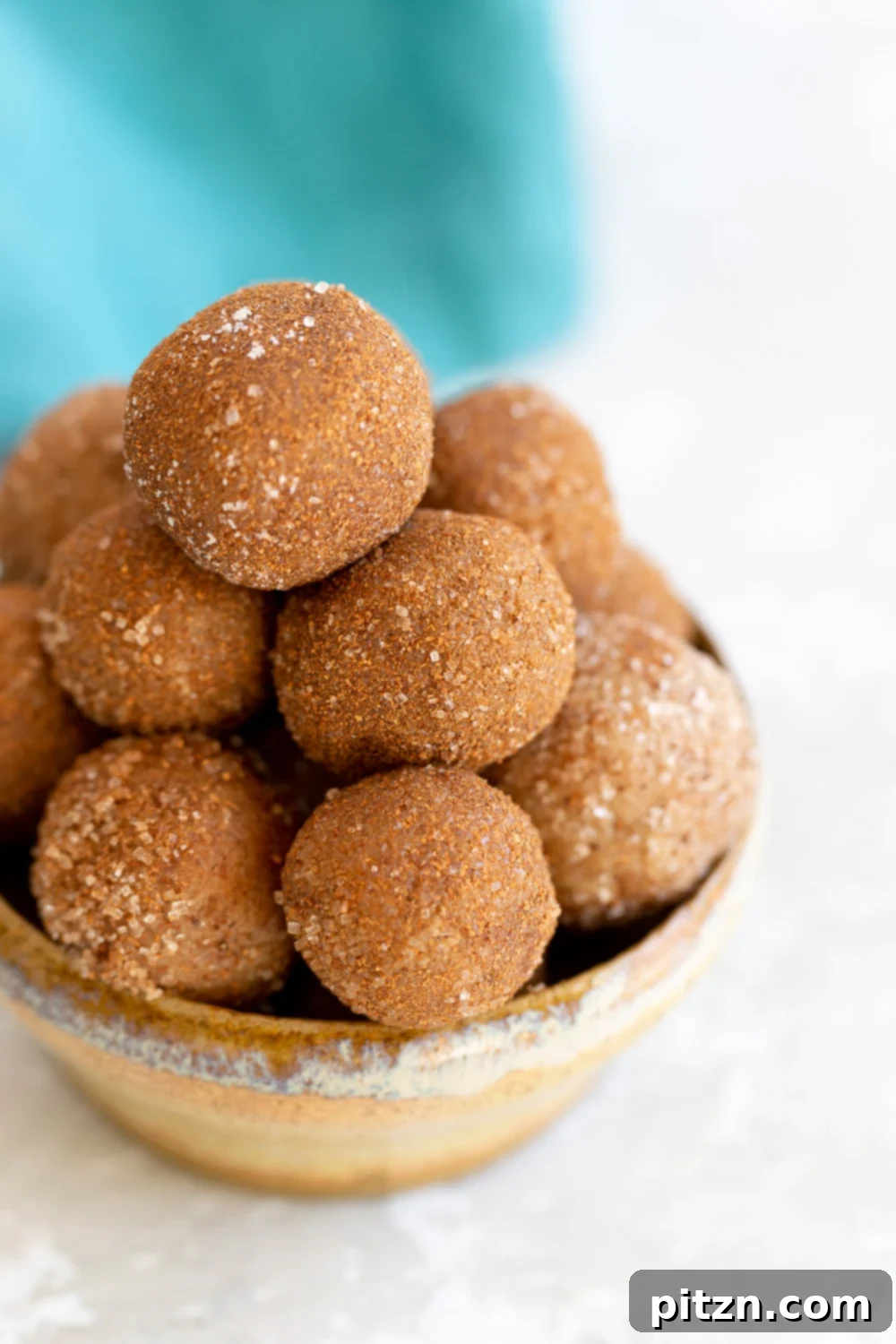 Vegan Snickerdoodle bites Vegan Snickerdoodle Snack Bites rolled in cinnamon sugar stacked in a small clay bowl