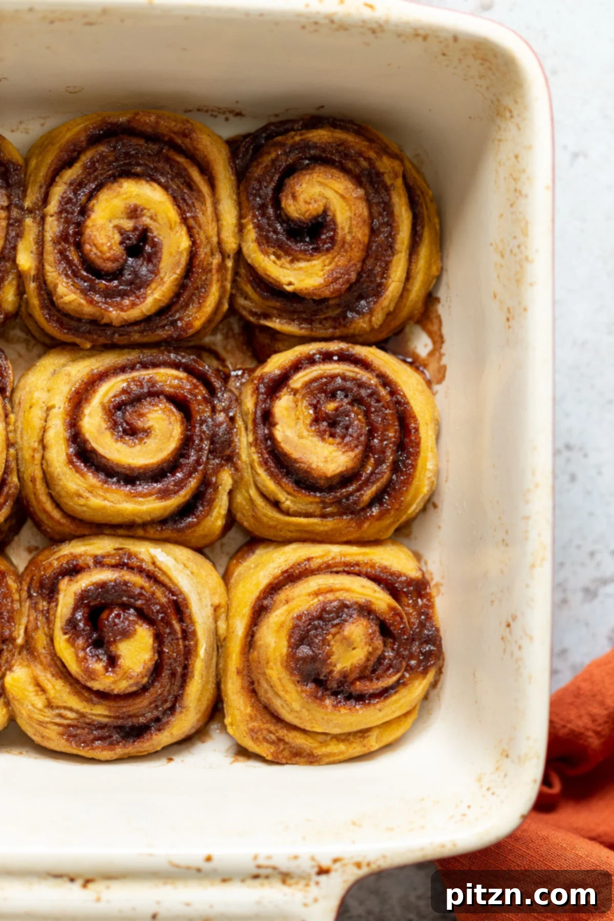 no yeast cinnamon rolls overhead shot of sweet potato no yeast cinnamon rolls in a casserole dish