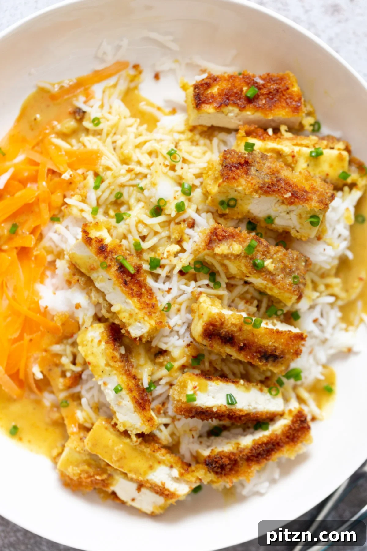Crispy Tofu Katsu Curry close-up overhead shot of vegan tofu katsu curry showing the crispy tofu and creamy sauce