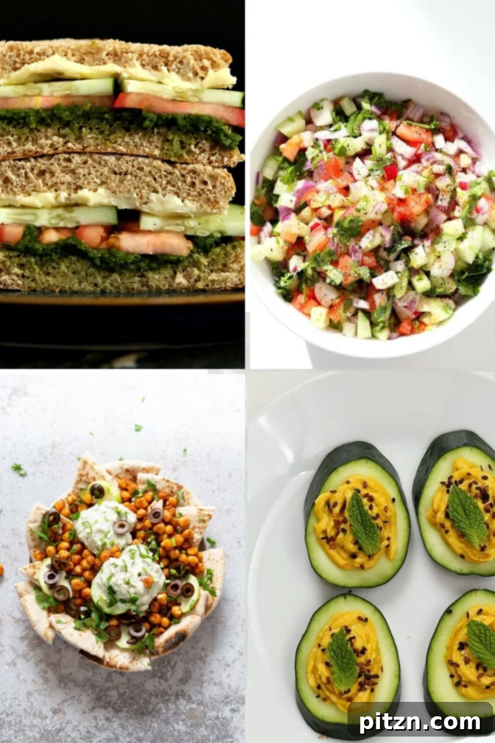 Summer Produce Guide A collage of refreshing vegan cucumber recipes, including hummus bites, salads, and sandwiches, highlighting its hydrating qualities.