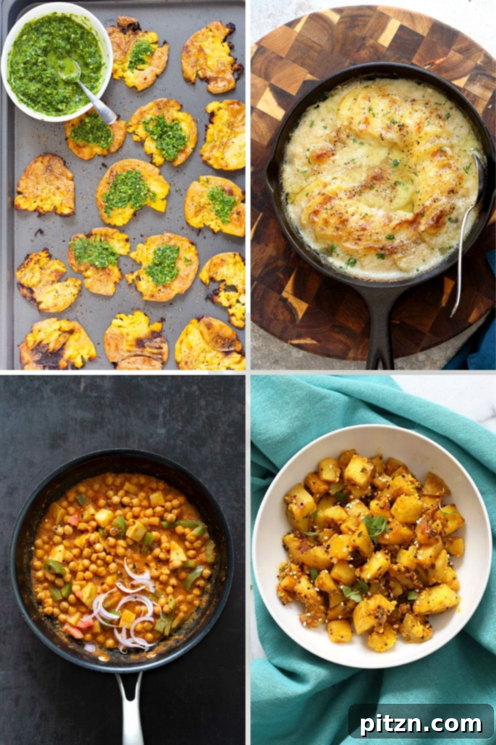 Summer Harvest: Your Guide to Seasonal Eats and Vegan Delights 4 A collage of various vegan potato recipes, including smashed potatoes, scalloped potatoes, and spiced potato dishes, emphasizing their comfort food appeal.