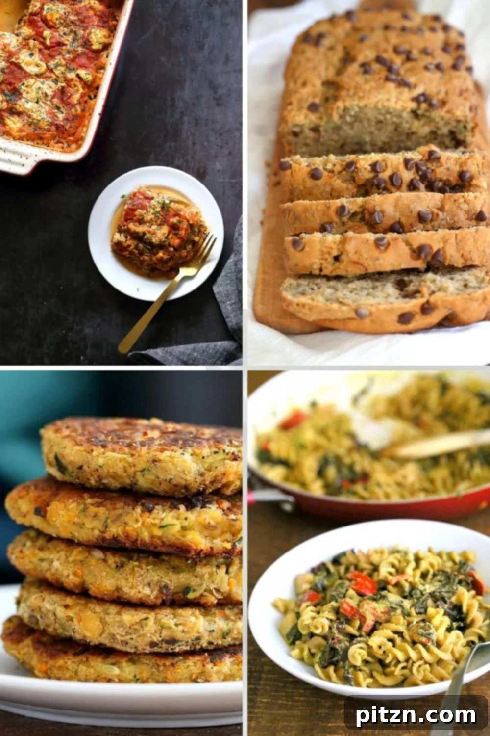 Summer Harvest: Your Guide to Seasonal Eats and Vegan Delights 5 A collage of delicious vegan zucchini recipes, including lasagna, bread, and fritters, showcasing the versatility of summer squash.