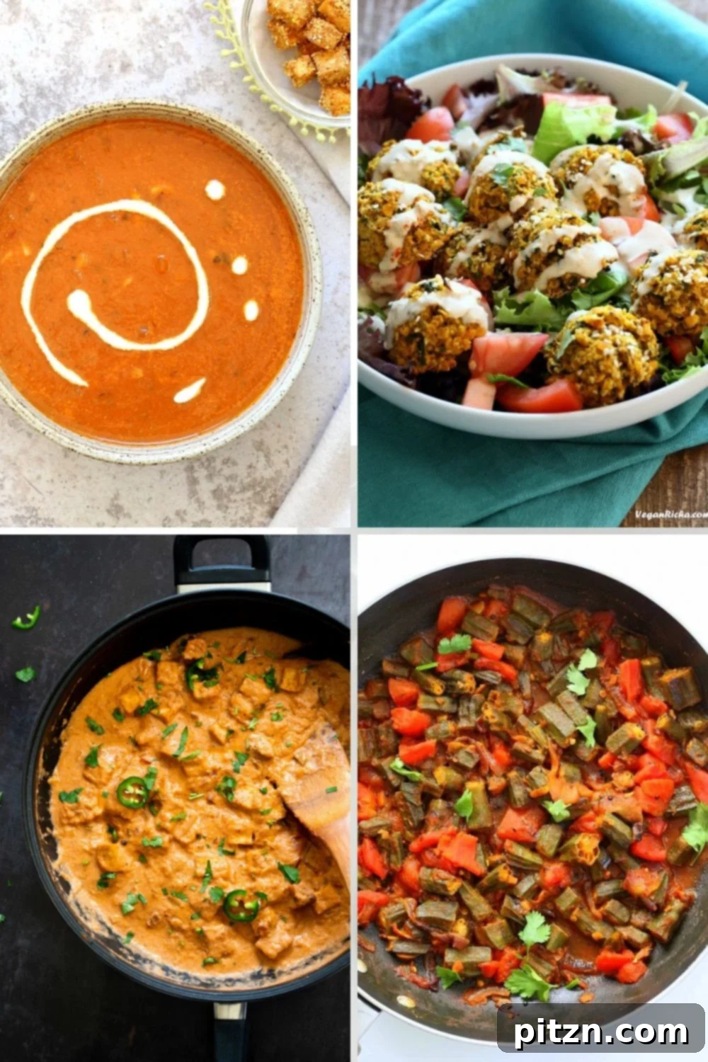 Summer Harvest: Your Guide to Seasonal Eats and Vegan Delights 6 A collage of flavorful vegan tomato recipes, including tomato soup, lentil fritter bowls, and curry, highlighting the versatility of ripe tomatoes.