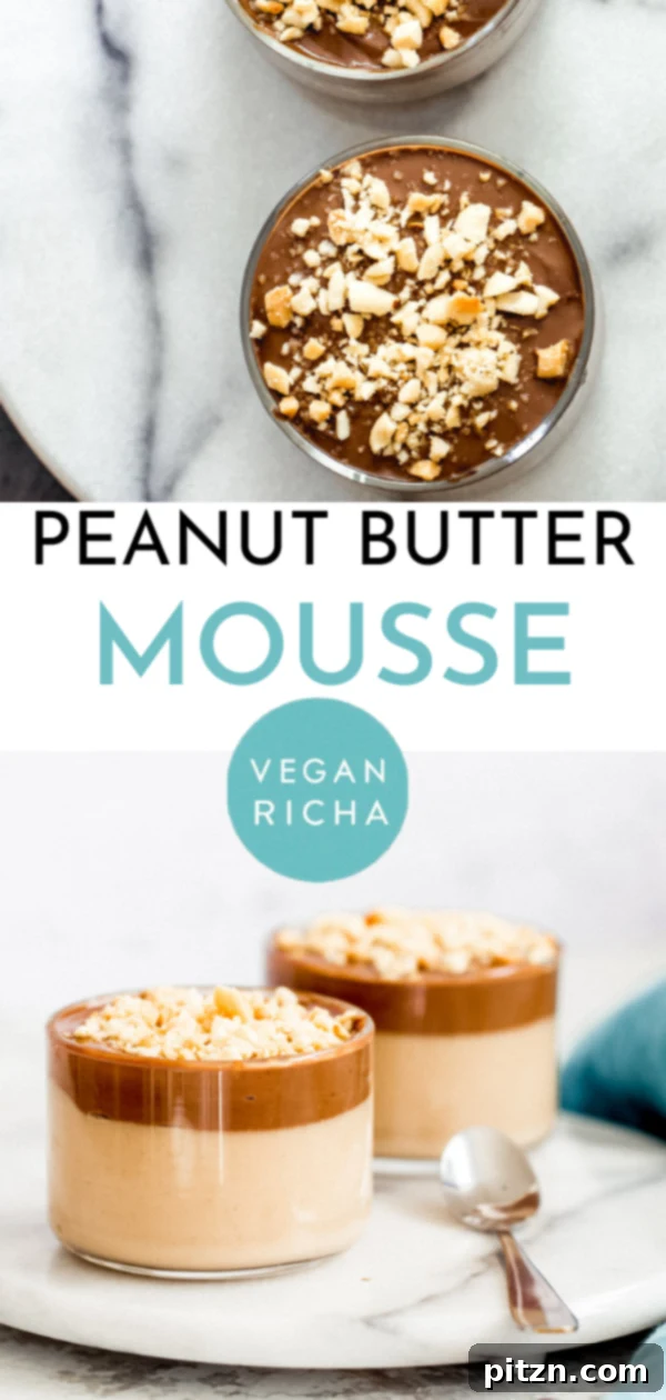 Finished Vegan Peanut butter mousse in glass ramekins, garnished with peanuts and chocolate