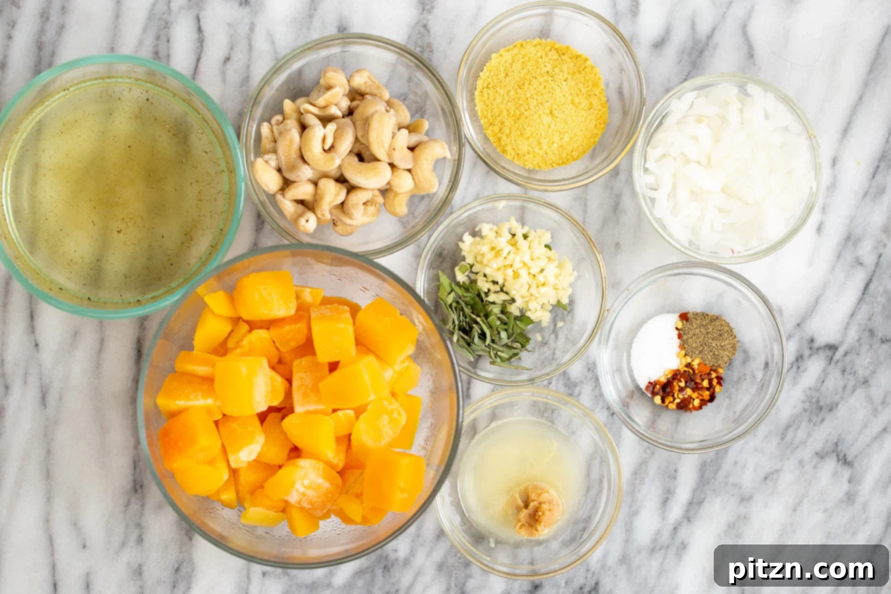 overhead shot of ingredients needed for making vegan butternut squash carbonara sauce