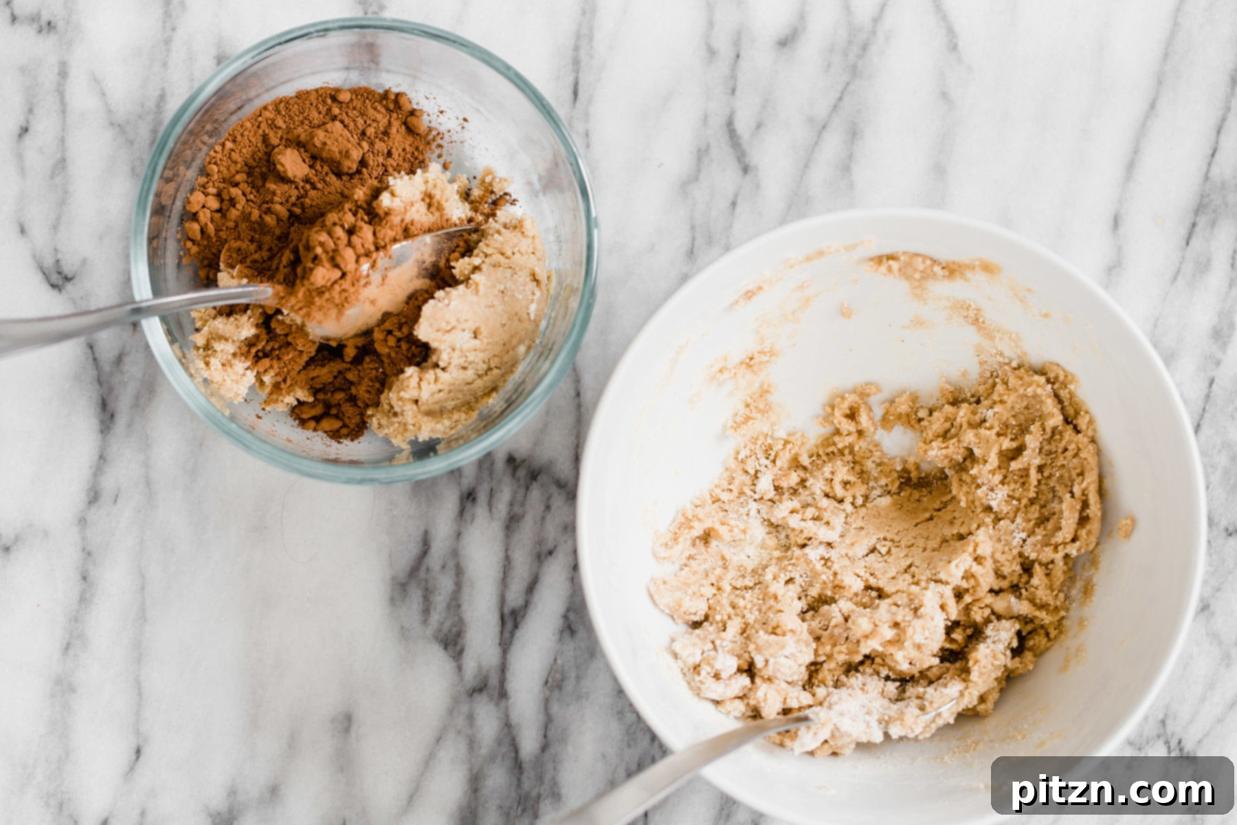 vegan snickerdoodles Overhead shot of two bowls containing vegan snickerdoodle cookie batter and a bowl of pumpkin spice sugar for dipping