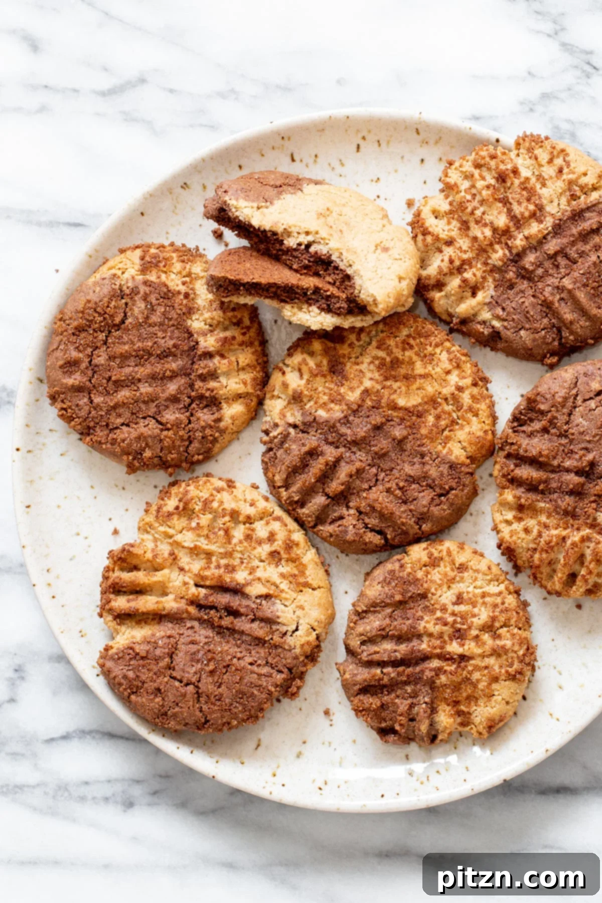 vegan snickerdoodles Overhead close-up of a plate displaying Vegan Chocolate Pumpkin Spice Snickerdoodle cookies
