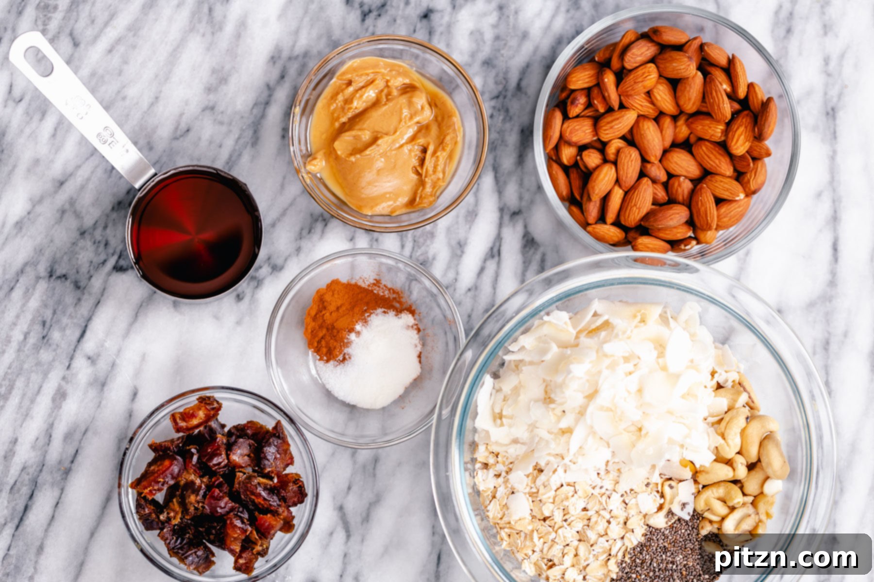 Almond Coconut Granola Ingredients Overhead shot of ingredients needed for making almond coconut granola