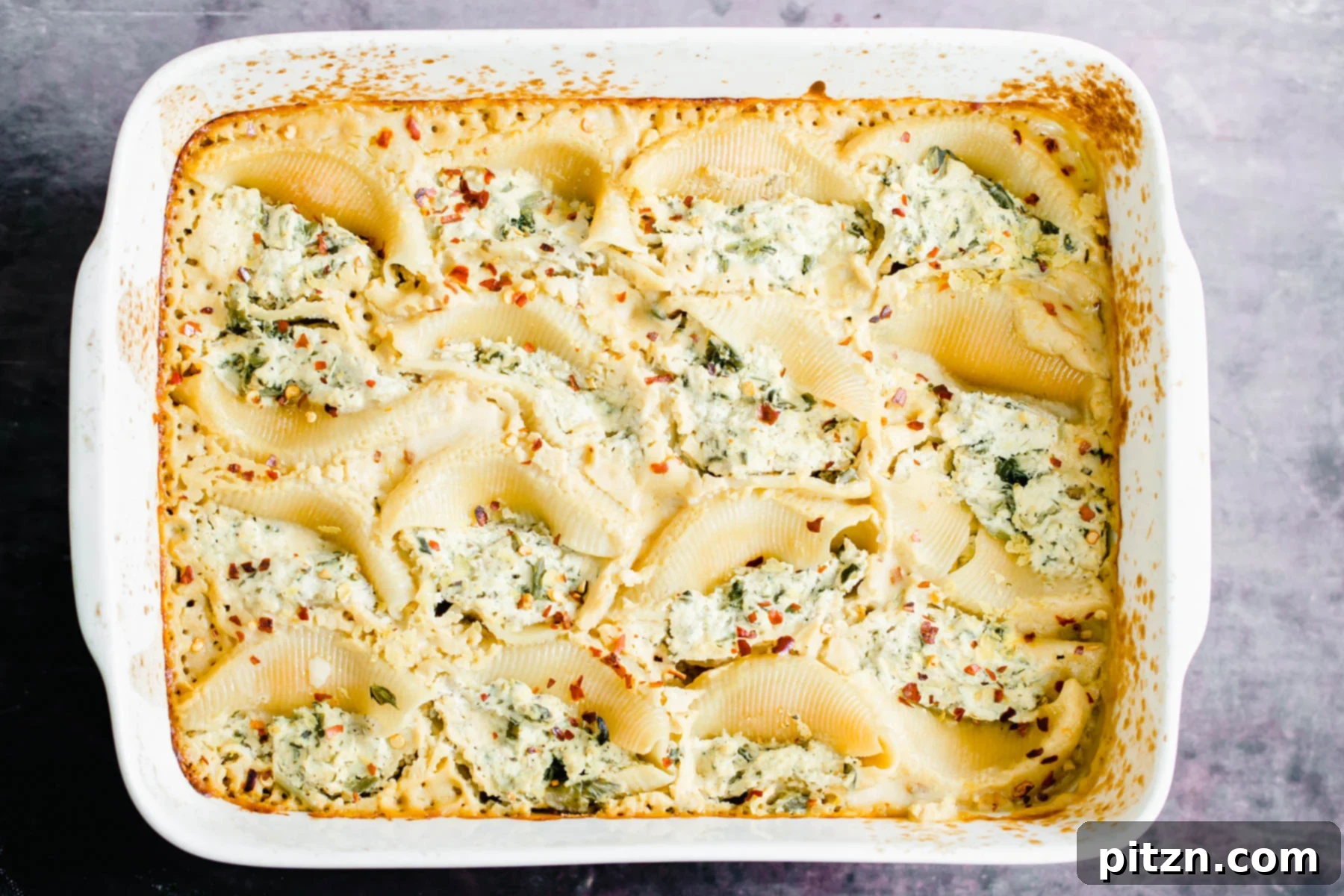 Freshly Baked Vegan Stuffed Shells Baked vegan stuffed shells in a casserole dish, fresh out of the oven, with golden-brown edges.