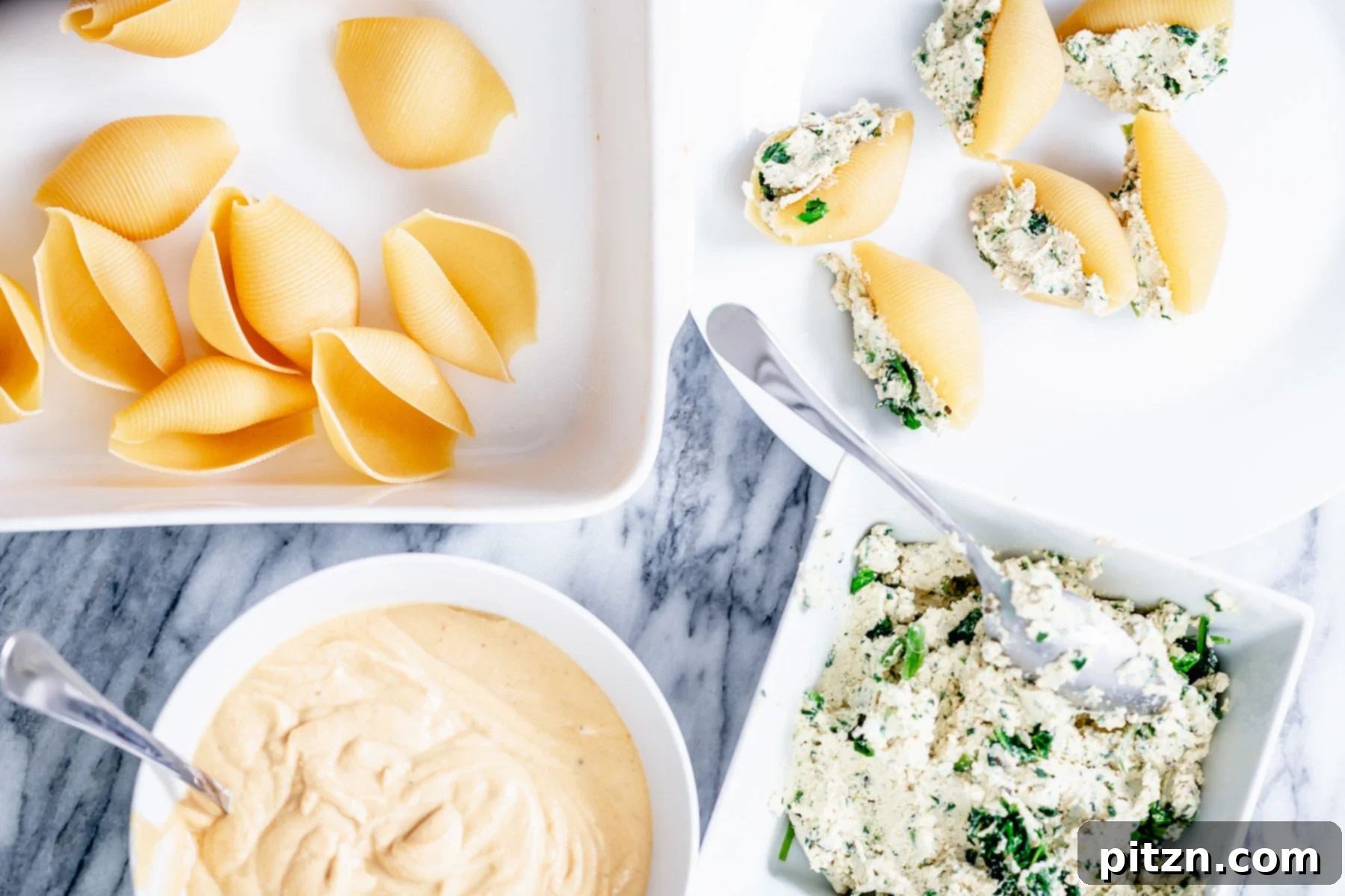 Vegan Stuffed Shells Ingredients Mise en place for preparing vegan stuffed shells, showing all ingredients laid out.
