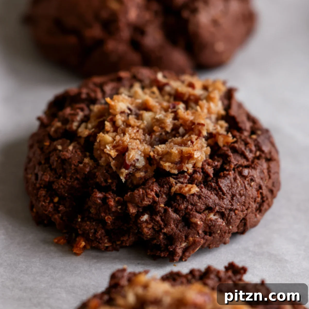 Freshly baked German chocolate cookies on the baking sheet, showcasing their golden edges and rich filling after coming out of the oven.