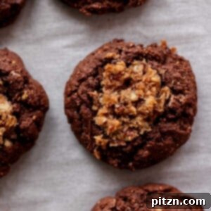 overhead shot of German chocolate cookie on the baking sheet after baking