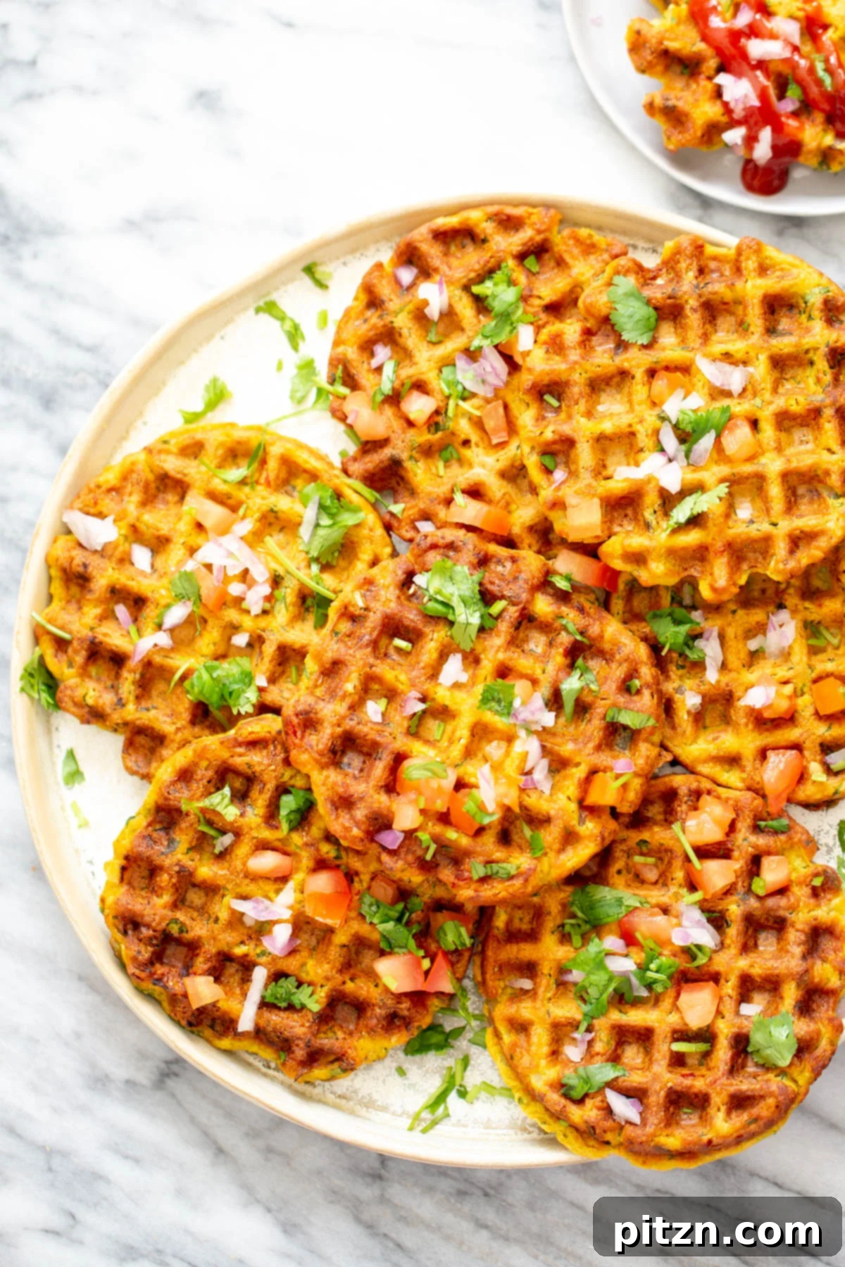 chickpea flour waffles overhead shot of a plate of crispy pakora chickpea flour waffles topped with fresh onions and herbs