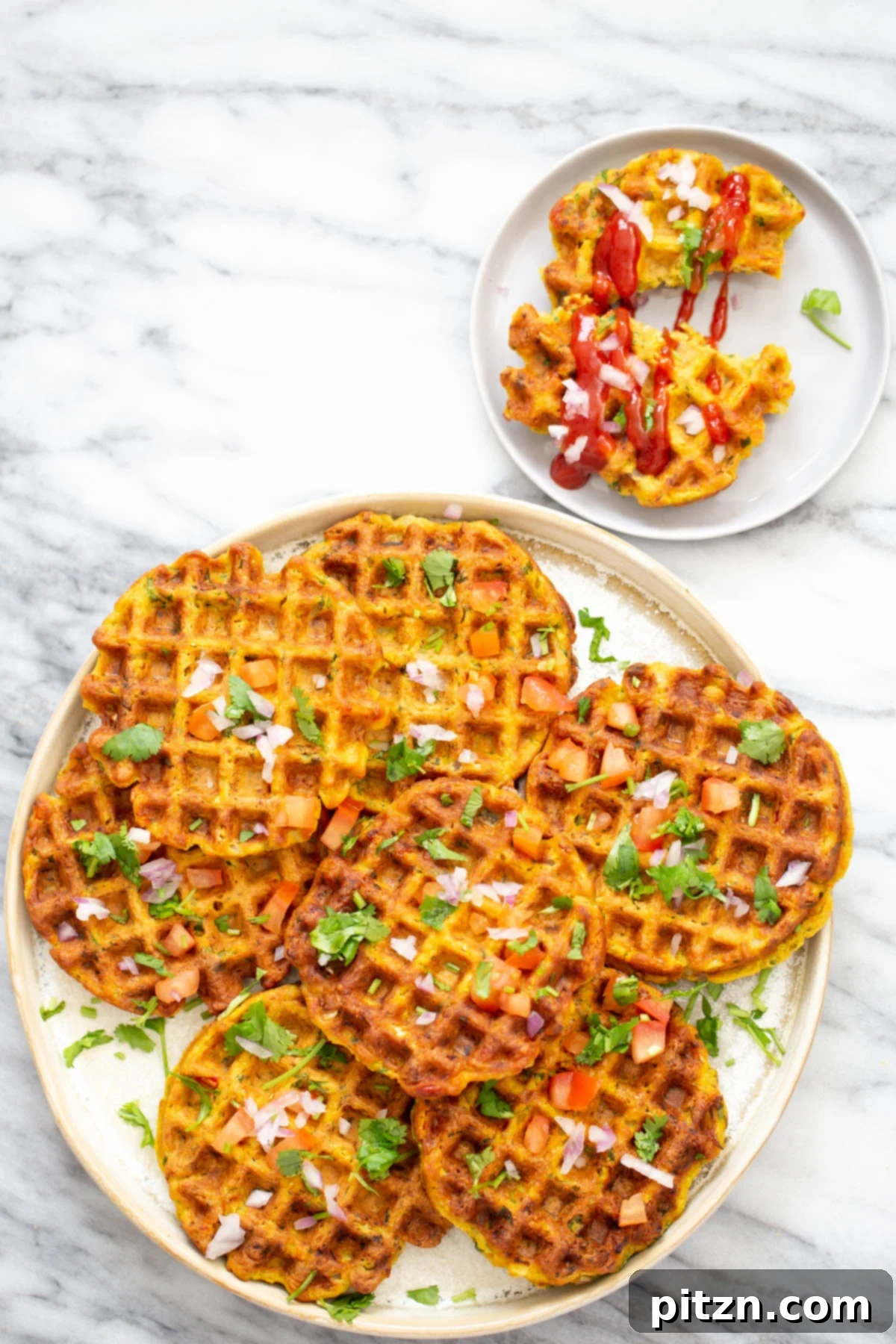chickpea flour waffles overhead shot of a plate with crispy vegan chickpea flour waffles with vegetables